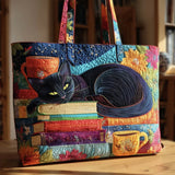 Bolsa feita à mão Gato Preto leitor com livros e canecas