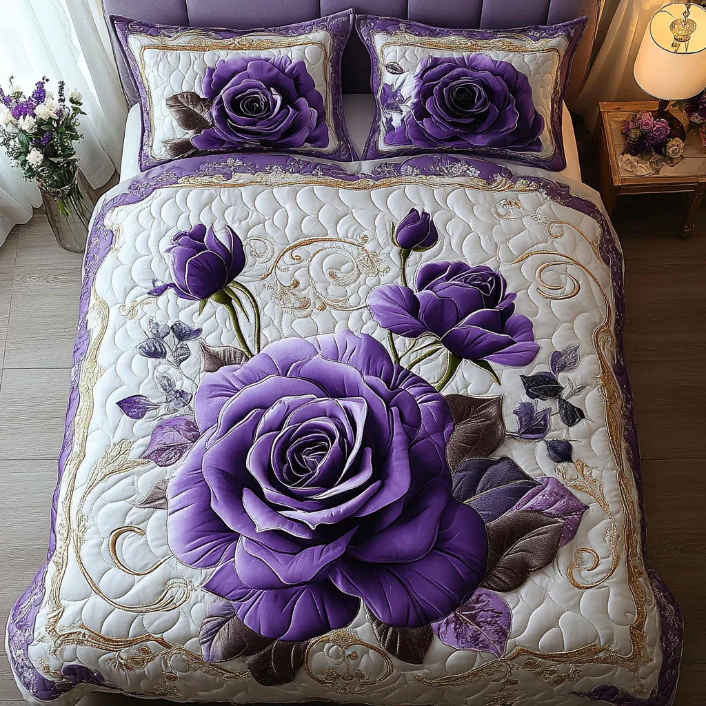 Conjunto de Roupa de Cama Acolchoada de 3 Peças Rosa Roxa