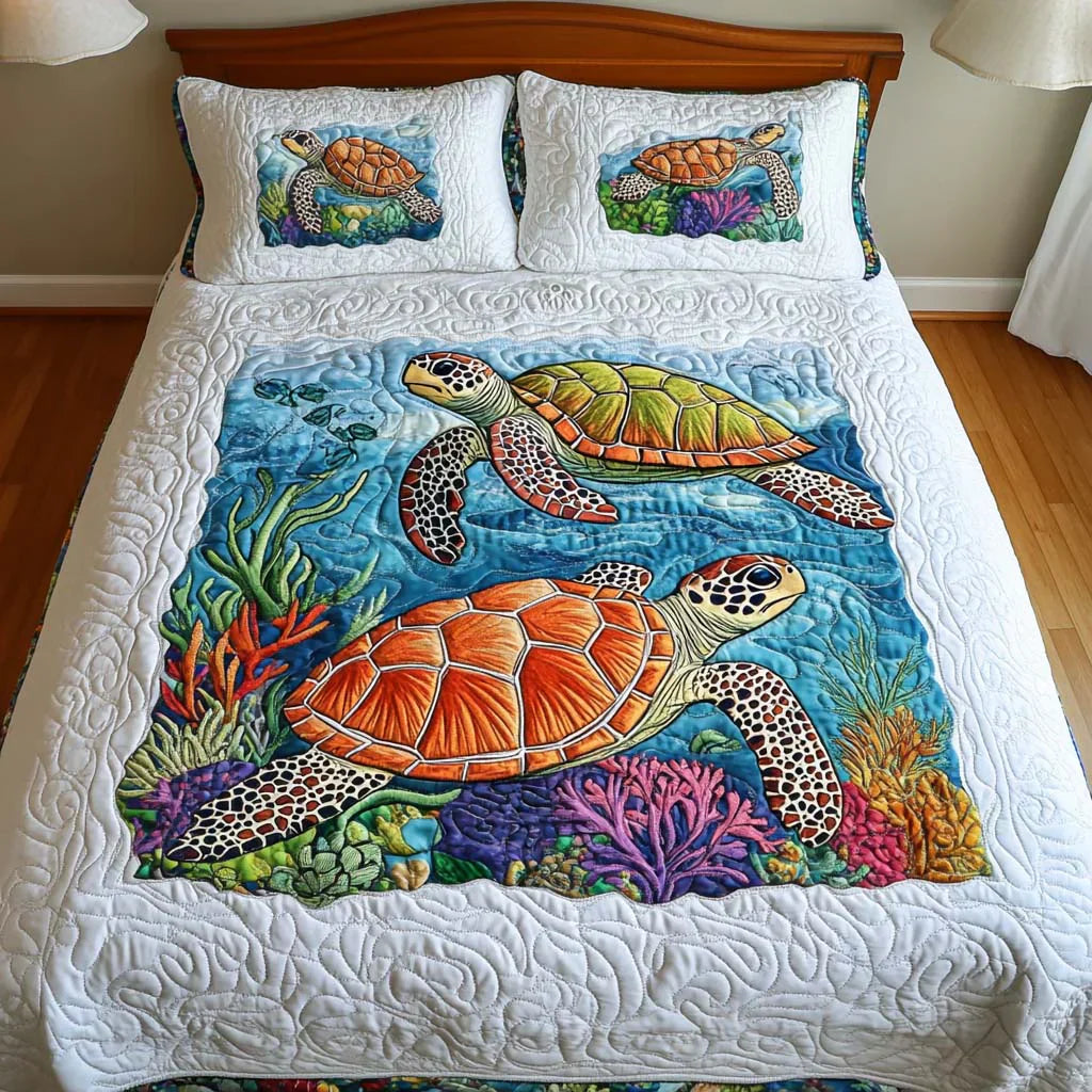 Conjunto de Roupa de Cama Acolchoada de 3 Peças Tartarugas